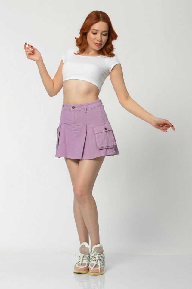 WhatsUp Kargo Cepli Denim Mini Etek  - Lila