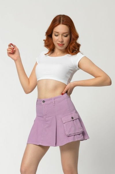 WhatsUp Kargo Cepli Denim Mini Etek  - Lila