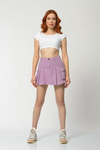 WhatsUp Kargo Cepli Denim Mini Etek  - Lila