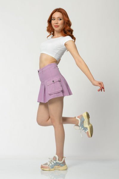WhatsUp Kargo Cepli Denim Mini Etek  - Lila
