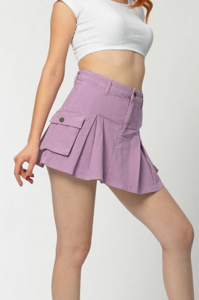 WhatsUp Kargo Cepli Denim Mini Etek  - Lila