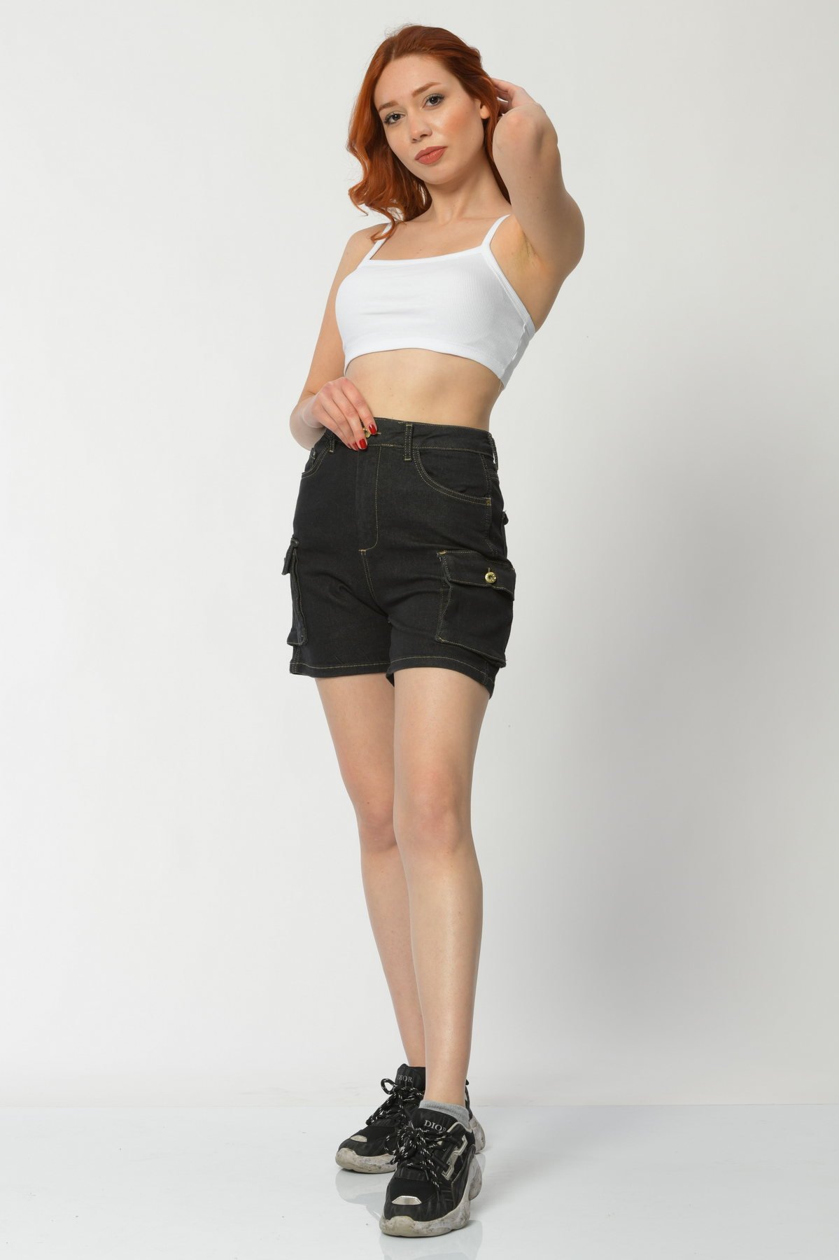 WhatsUp Kargo Cepli Denim Kadın Şort  - Siyah