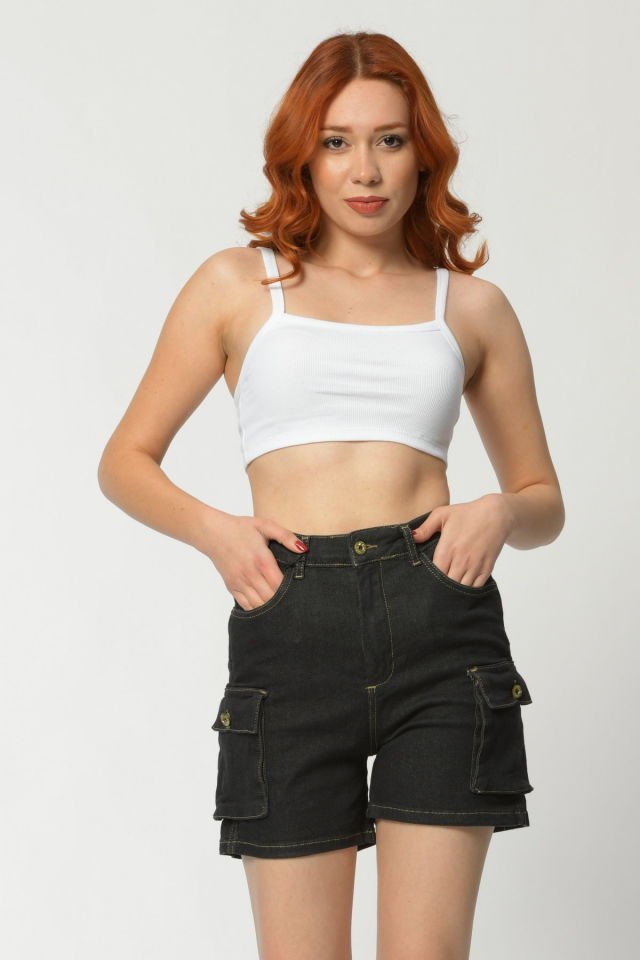 WhatsUp Kargo Cepli Denim Kadın Şort  - Siyah