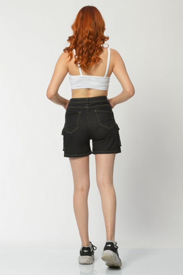 WhatsUp Kargo Cepli Denim Kadın Şort  - Siyah