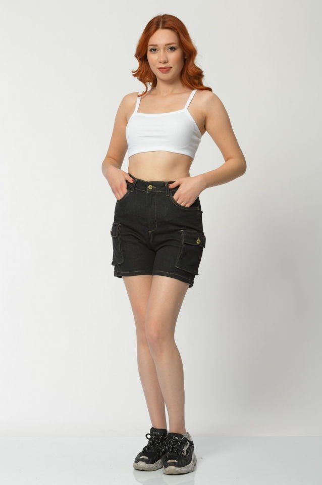 WhatsUp Kargo Cepli Denim Kadın Şort  - Siyah
