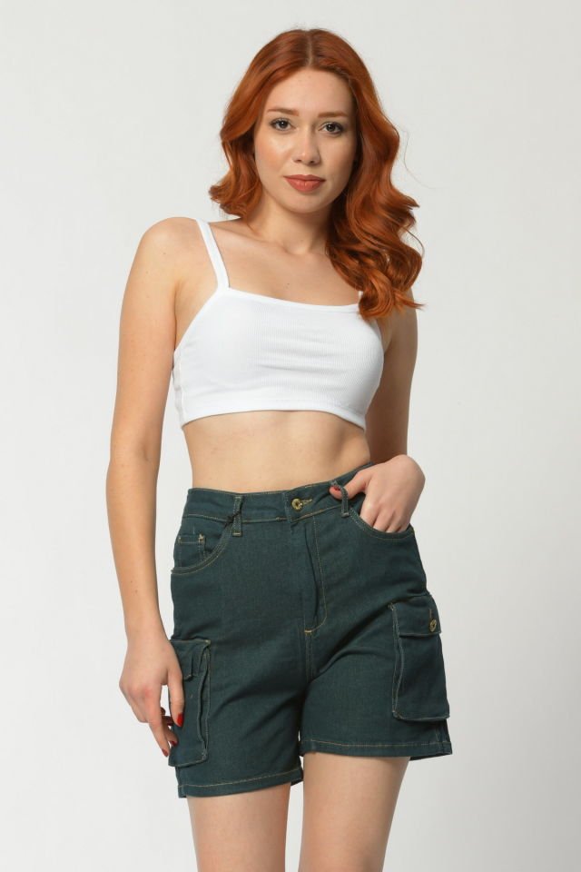 WhatsUp Kargo Cepli Denim Kadın Şort  - Yeşil