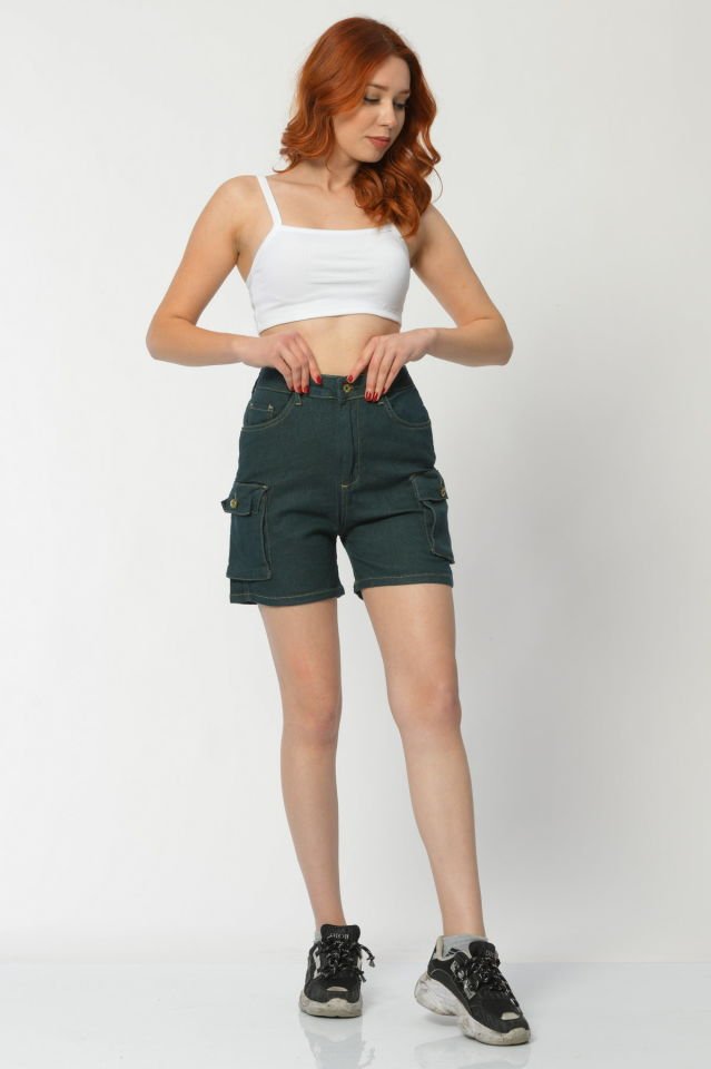 WhatsUp Kargo Cepli Denim Kadın Şort  - Yeşil