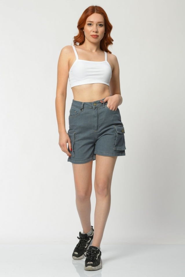 WhatsUp Kargo Cepli Denim Kadın Şort  - Gri