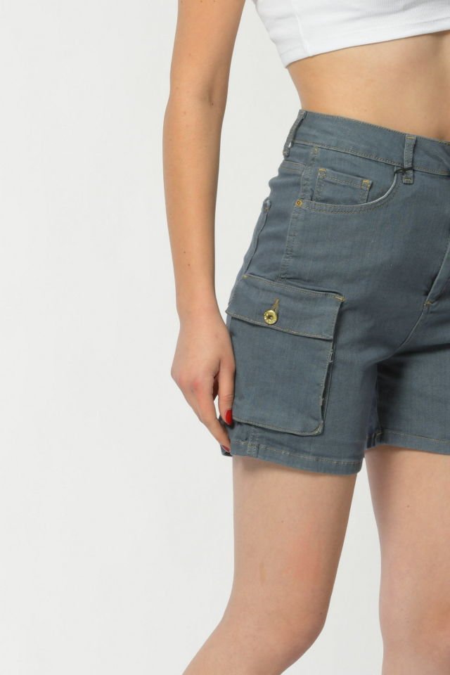 WhatsUp Kargo Cepli Denim Kadın Şort  - Gri