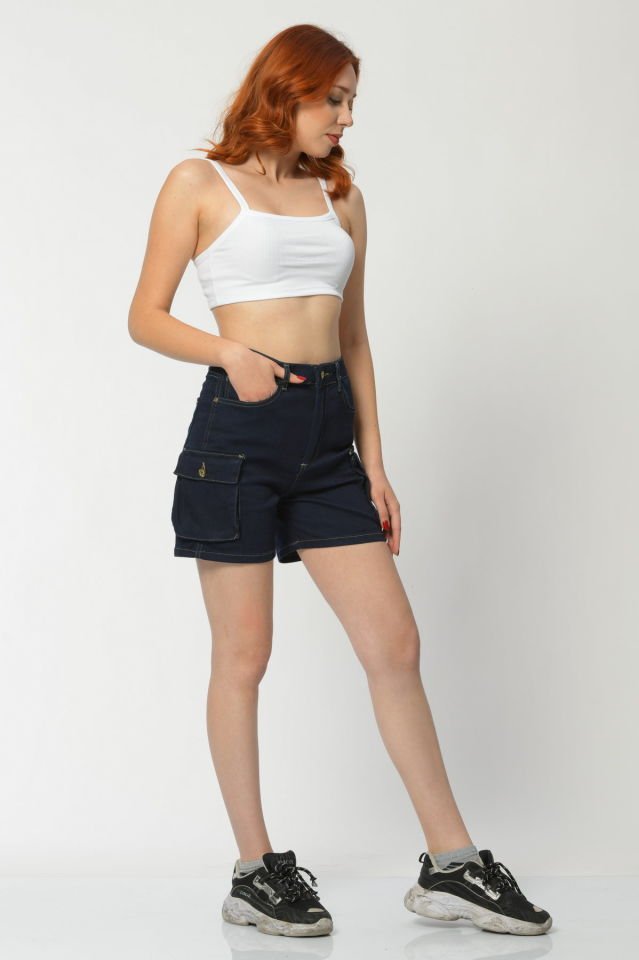 WhatsUp Kargo Cepli Denim Kadın Şort  - Lacivert