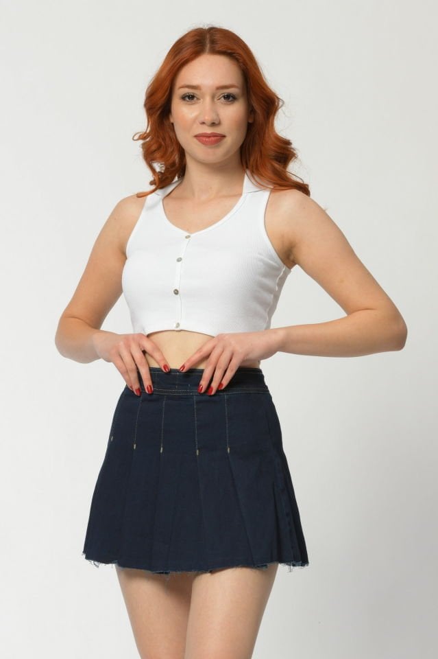 WhatsUp Pileli Denim Etek  - Lacivert