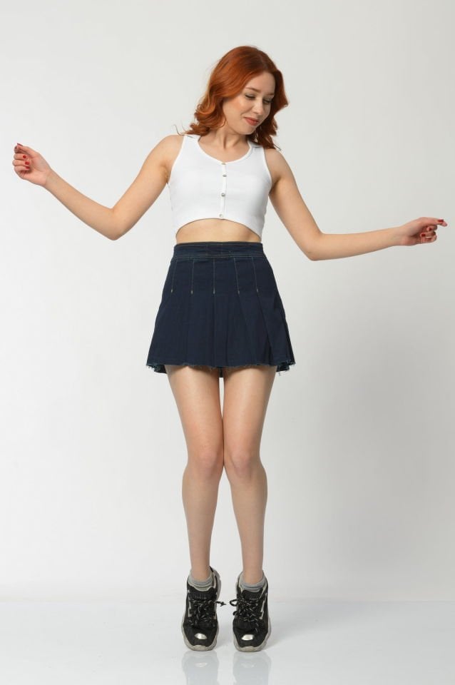 WhatsUp Pileli Denim Etek  - Lacivert