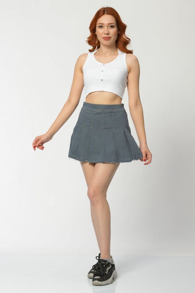 WhatsUp Pileli Denim Etek  - Gri