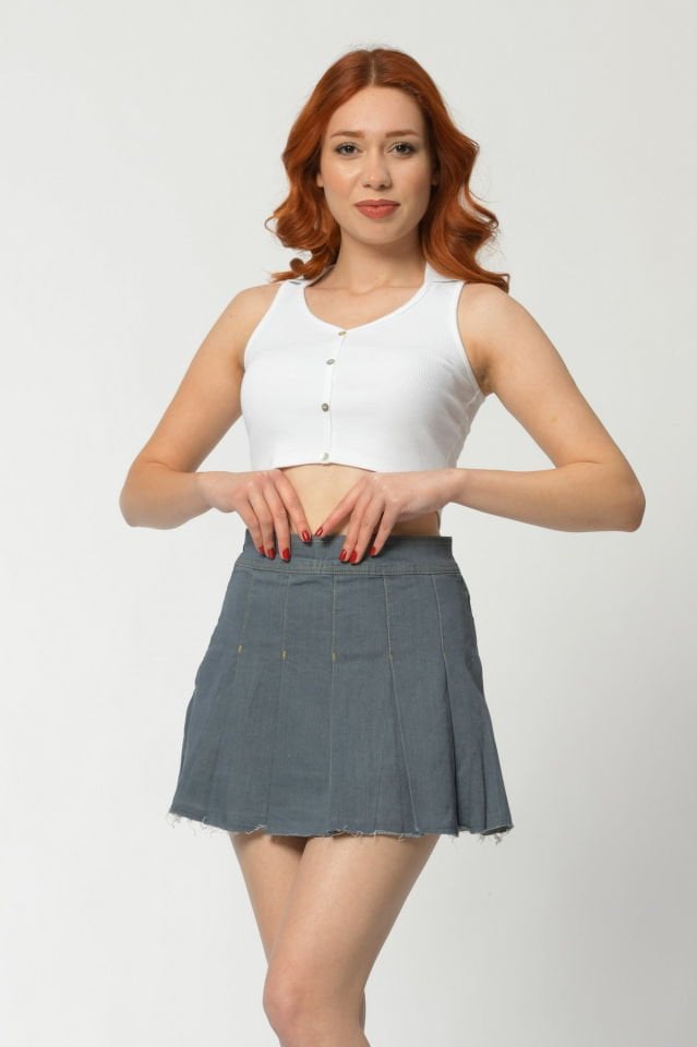 WhatsUp Pileli Denim Etek  - Gri