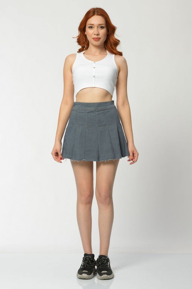 WhatsUp Pileli Denim Etek  - Gri