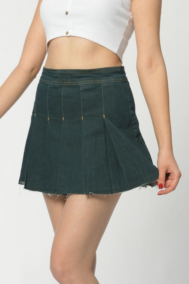 WhatsUp Pileli Denim Etek  - Yeşil