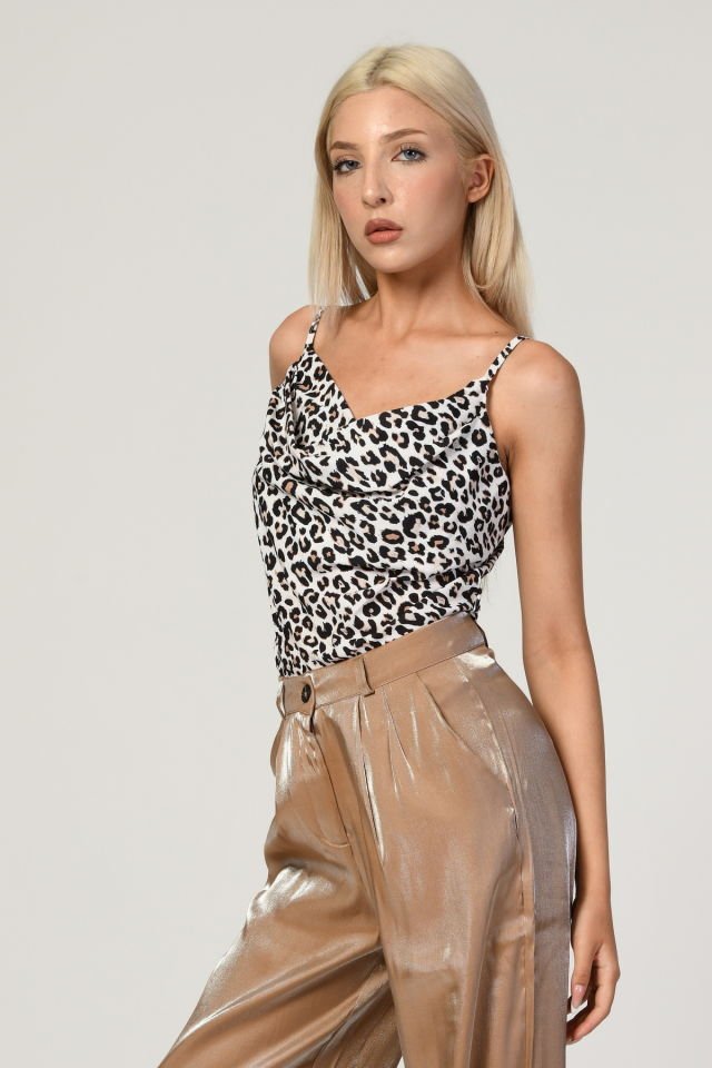 Lefon Leopar Desenli Askılı Üst  - Krem