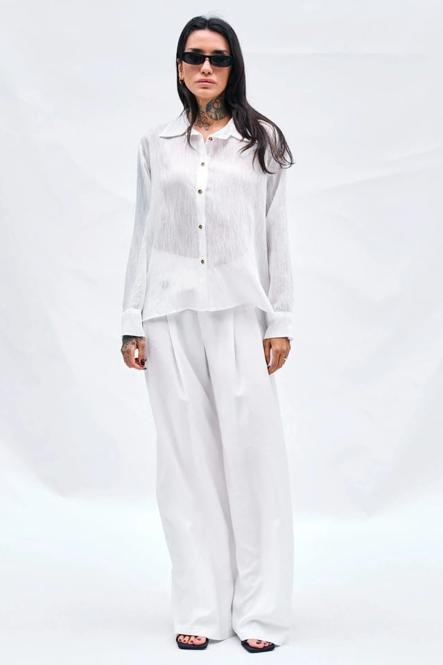 Lefon Kırışık Görünümlü Gömlek  - Beyaz