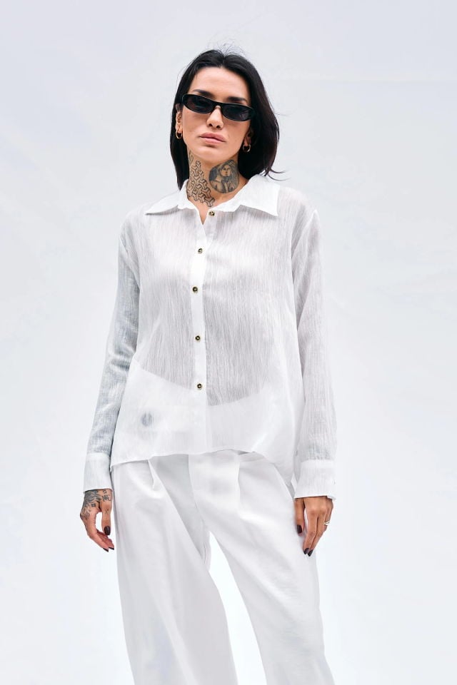 Lefon Kırışık Görünümlü Gömlek  - Beyaz
