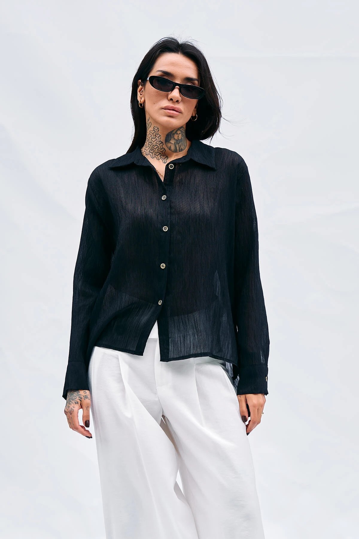 Lefon Kırışık Görünümlü Gömlek  - Siyah