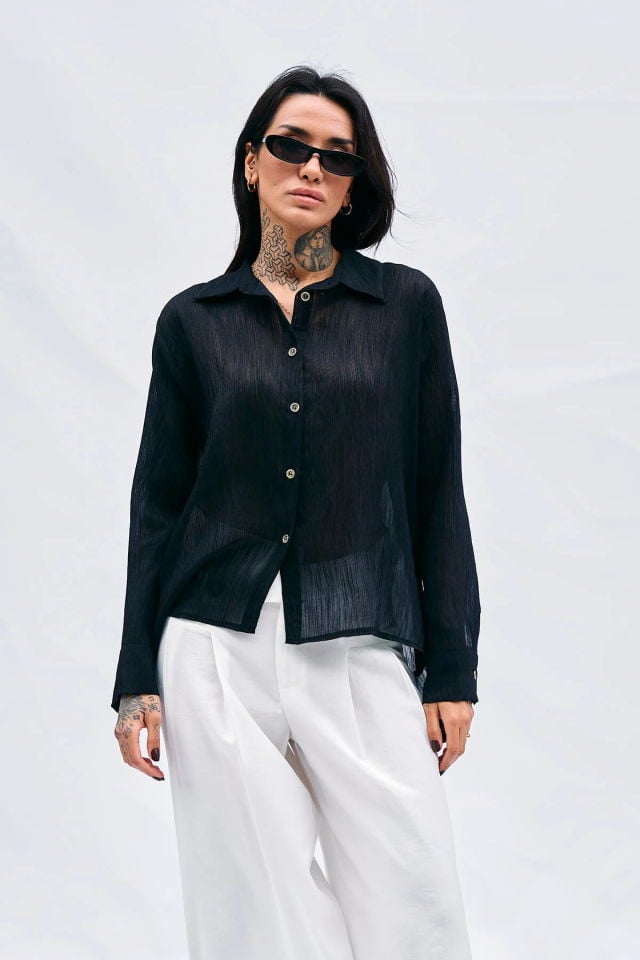 Lefon Kırışık Görünümlü Gömlek  - Siyah