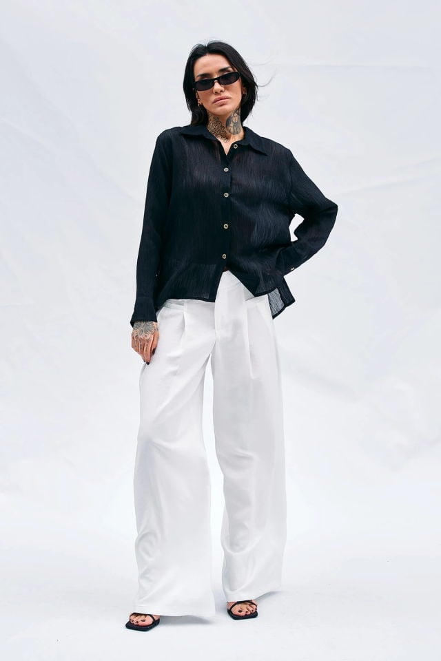 Lefon Kırışık Görünümlü Gömlek  - Siyah