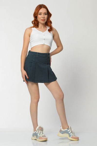 WhatsUp Pileli Mini Şort Etek  - Petrol Mavisi