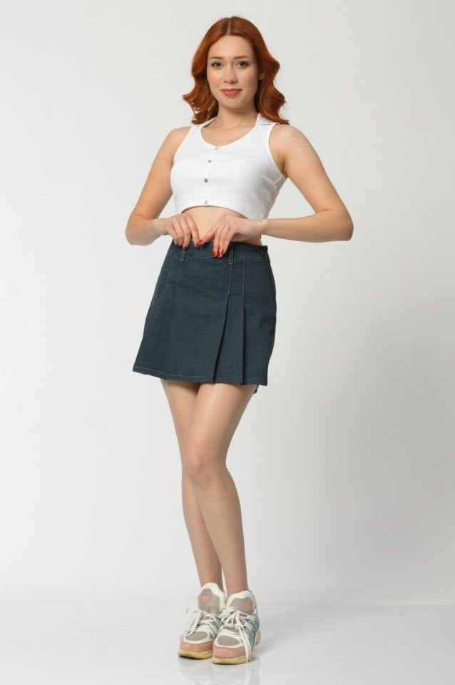 WhatsUp Pileli Mini Şort Etek  - Petrol Mavisi