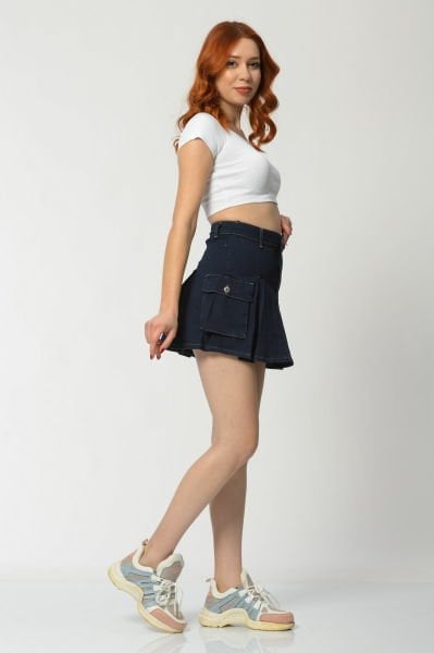 WhatsUp Kargo Cepli Denim Mini Etek  - Lacivert