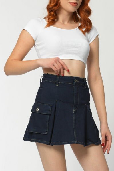 WhatsUp Kargo Cepli Denim Mini Etek  - Lacivert