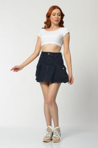 WhatsUp Kargo Cepli Denim Mini Etek  - Lacivert