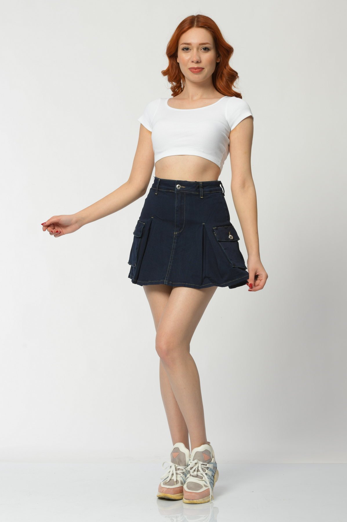 WhatsUp Kargo Cepli Denim Mini Etek  - Lacivert