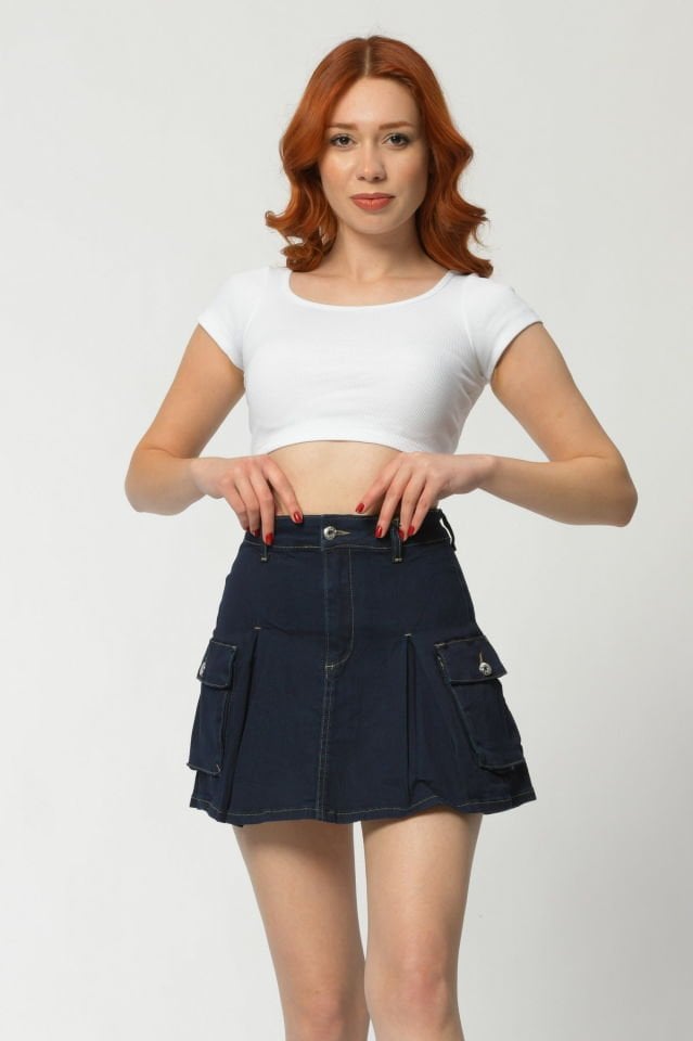 WhatsUp Kargo Cepli Denim Mini Etek  - Lacivert