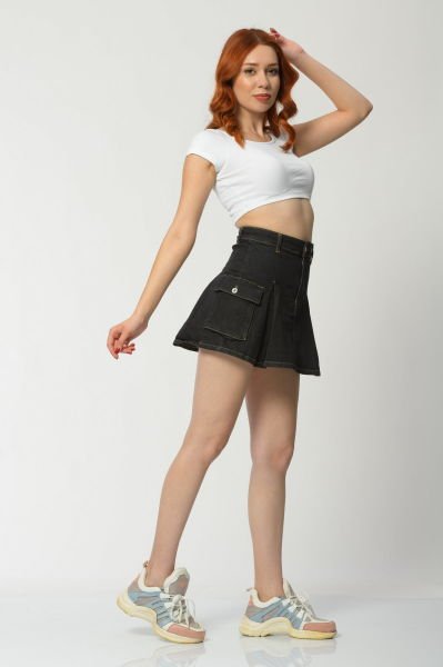 WhatsUp Kargo Cepli Denim Mini Etek  - Antrasit