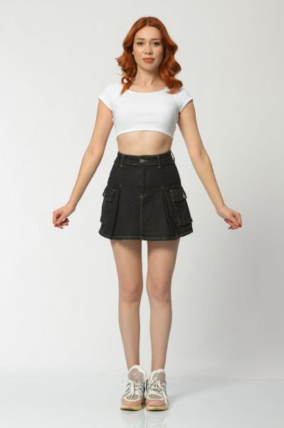 WhatsUp Kargo Cepli Denim Mini Etek  - Antrasit