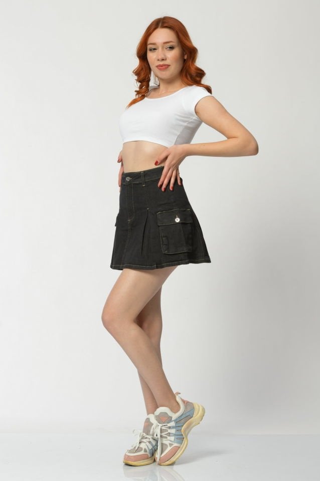 WhatsUp Kargo Cepli Denim Mini Etek  - Antrasit