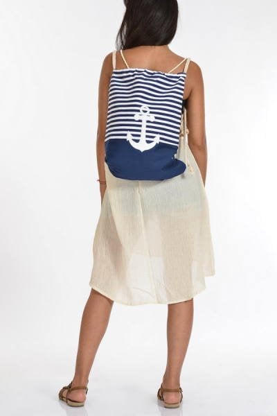 Çapalı Çizgili Su Geçirmez Askılı Plaj Çantası Lacivert