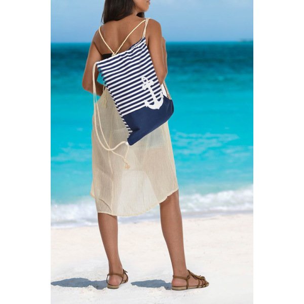 Çapalı Çizgili Su Geçirmez Askılı Plaj Çantası Lacivert