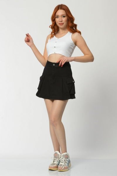 WhatsUp Kargo Cepli Denim Mini Etek  - Siyah