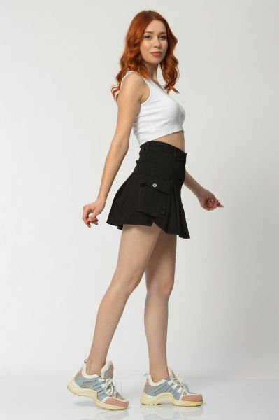 WhatsUp Kargo Cepli Denim Mini Etek  - Siyah