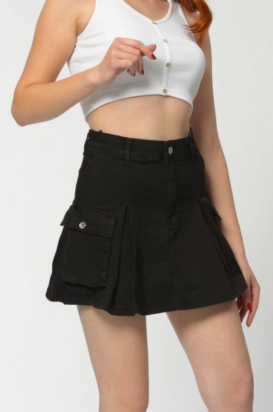 WhatsUp Kargo Cepli Denim Mini Etek  - Siyah