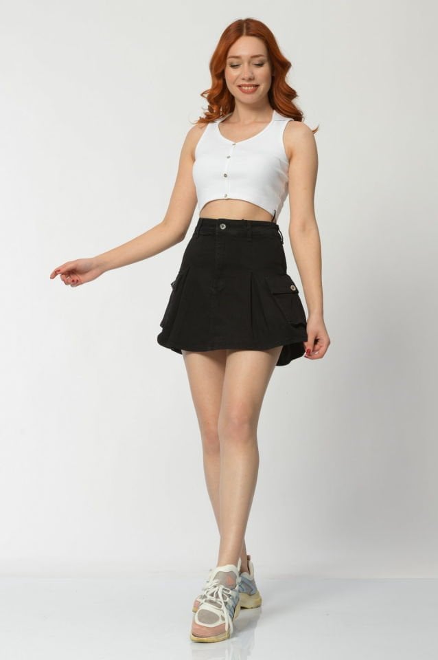 WhatsUp Kargo Cepli Denim Mini Etek  - Siyah