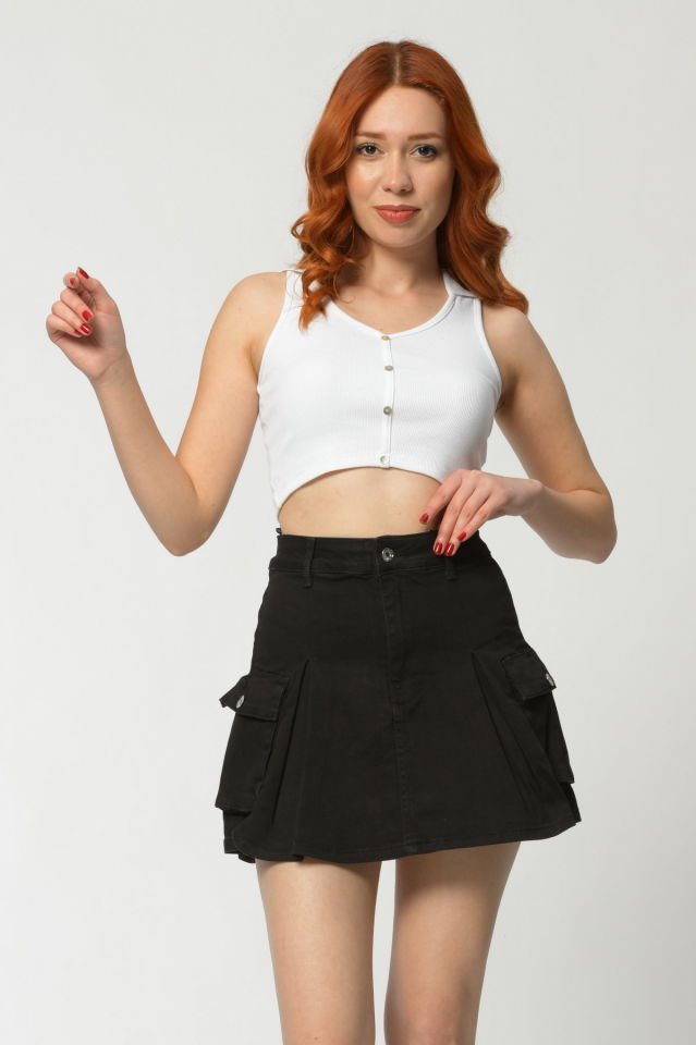 WhatsUp Kargo Cepli Denim Mini Etek  - Siyah