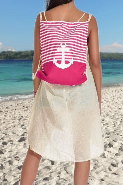 Çapalı Çizgili Su Geçirmez Askılı Plaj Çantası Fuşya