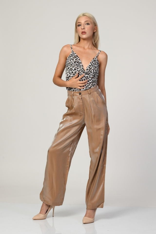 Bebe Plus Saten Parlak Bol Paça Pantolon  - Açık Kahve