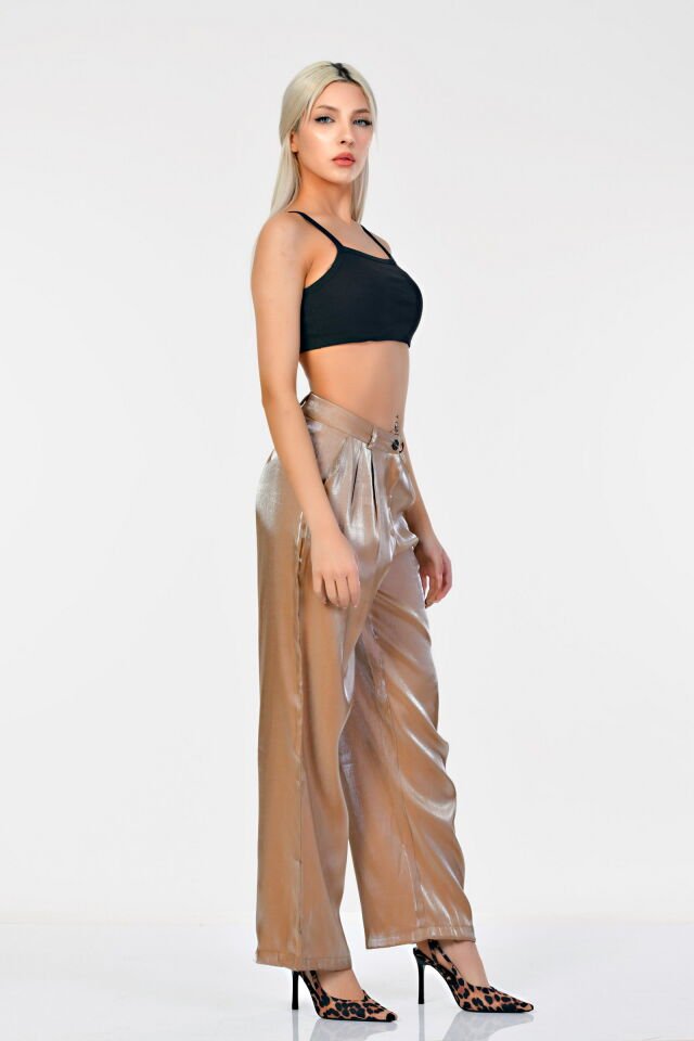 Bebe Plus Saten Parlak Bol Paça Pantolon  - Açık Kahve