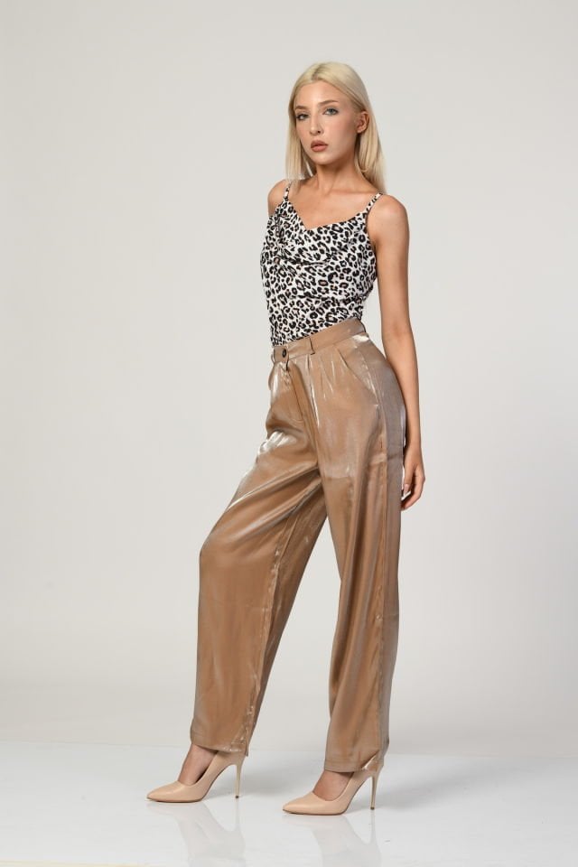 Bebe Plus Saten Parlak Bol Paça Pantolon  - Açık Kahve