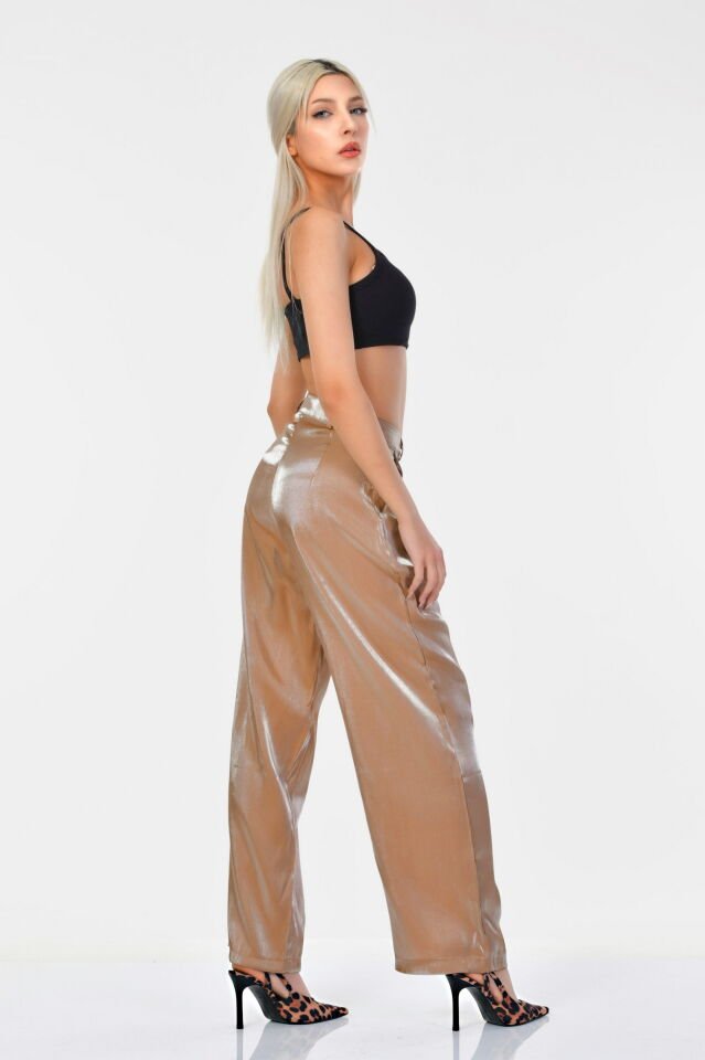 Bebe Plus Saten Parlak Bol Paça Pantolon  - Açık Kahve