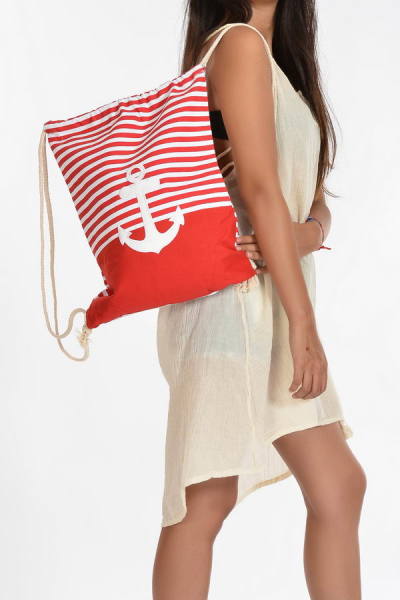Çapalı Çizgili Su Geçirmez Askılı Plaj Çantası Kırmızı
