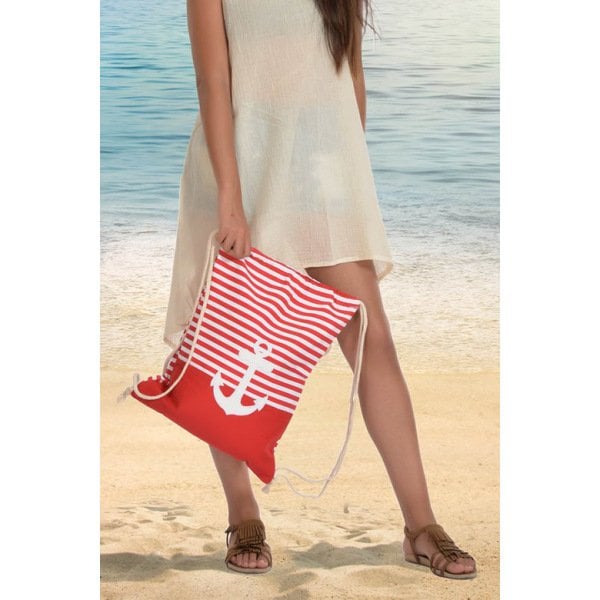 Çapalı Çizgili Su Geçirmez Askılı Plaj Çantası Kırmızı